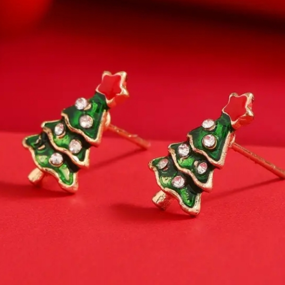 BOGO Festive 18 Kt Gold Plated Green Red Enamel Christmas Tree Stud Earrings - Picture 3 of 5